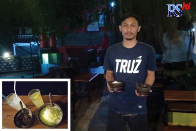 Laurensius Agus, 27, pemilik Kedai Omah Kali menunjukkan menu andalannya. Ketan fla mozarella, ketan fla nutella keju, es jeruk dan jeruk panas. (HANDIKA FATWA DWI KUSUMA/JAWA POS RADAR SEMARANG)