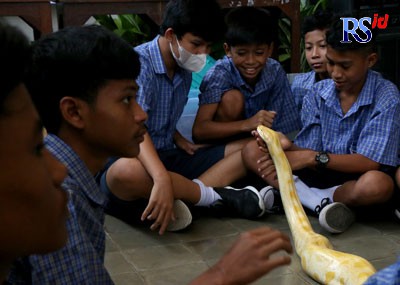 Sejumlah siswa SMP Marsudi Utami tampak senang bermain dengan sejumlah reptil. (NUR CHAMIM/JAWA POS RADAR SEMARANG)