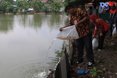 Proses penebaran benih Ikan Nila di Kolam Ikan di Kelurahan Bugangan Semarang Timur. (NUR CHAMIM/ JAWA POS RADAR SEMARANG)