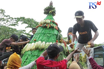 Warga tetap antusias berebut hasil bumi saat merti Desa di tengah guyuran hujan. (NURFAIK NABHAN/Jawa Pos Radar Semarang)