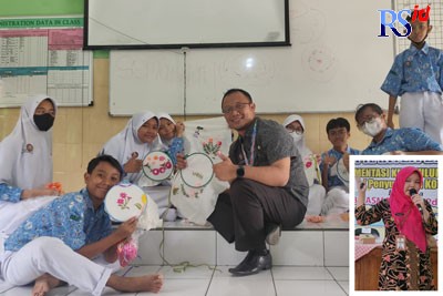 M Agus Khamid Arif saat mengajari siswa SMP Negeri 39 Semarang menyulam. (kanan) Asmawati, kepala sekolah penggerak di Demak. (Istimewa)