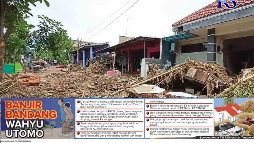 RUSAK PARAH: Tumpukan material bongkahan tembok dan lumpur sisa banjir bandang kemarin (8/11) masih menumpuk di depan rumah warga Perumahan Wahyu Utomo RT 7 RW 6 Kelurahan Tambakaji. (ADENNYAR WYCAKSONO/JAWA POS RADAR SEMARANG)