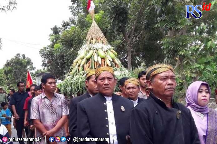 Para perangkat desa dan tokoh masyarakat dengan busana adat Jawa turut kirab tumpengan dan sedekah bumi produk pertanian di Desa Botorejo, Kecamatan Wonosalam. (Wahib Pribadi/Jawa Pos Radar Semarang)