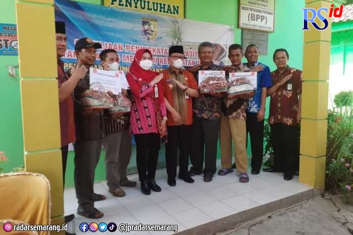 Bupati Demak dr Eistianah bersama Kepala Dinpertan Pangan Agus Herawan saat mengunjungi Balai Penyuluh Pertanian yang dibangun sebagai lokasi bertemunya antar penyuluh. (Wahib Pribadi/Jawa Pos Radar Semarang)