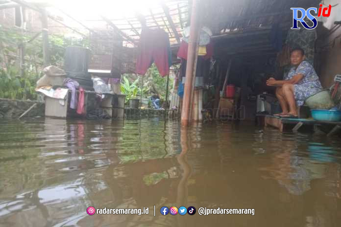 Warga Tambakrejo Semarang harus berjibaku dengan banjir yang menerjang wilayahnya beberapa hari ini. (Figur Ronggo Wassalim/Jawa Pos Radar Semarang)