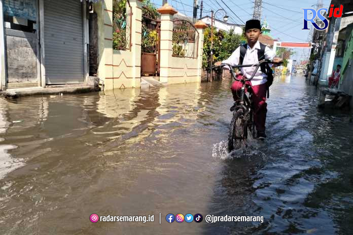Sejumlah warga Tambaklorok beraktivitas di tengah rob. Warga berharap ada penanganan secara tuntas persoalan rob di kawasan tersebut. (FIGUR RONGGO WASSALIM/JAWA POS RADAR SEMARANG)