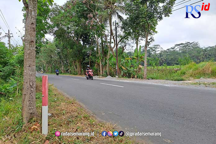 Patok terpasang di tepi Jalan Raya Grabag-Secang yang bakal terkena proyek tol Jogja-Bawen. (ROFIK SYARIF/JAWA POS RADAR SEMARANG)