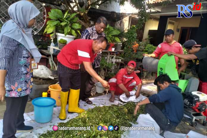 Proses pembuatan pupuk organik dari enceng gondok yang dilakukan Camat Semarang Timur. (NUR CHAMIM/JAWA POS RADAR SEMARANG)