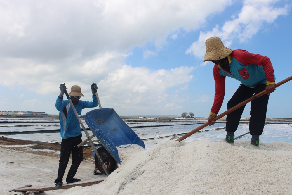 KERJA KERAS:&nbsp;Petani garam memanen garam di lahan milik PT Garam (Persero)&nbsp;Desa Karanganyar, Kecamatan Kalianget,&nbsp;Kamis (3/8).&nbsp;(MOH. BUSRI/JPRM)
