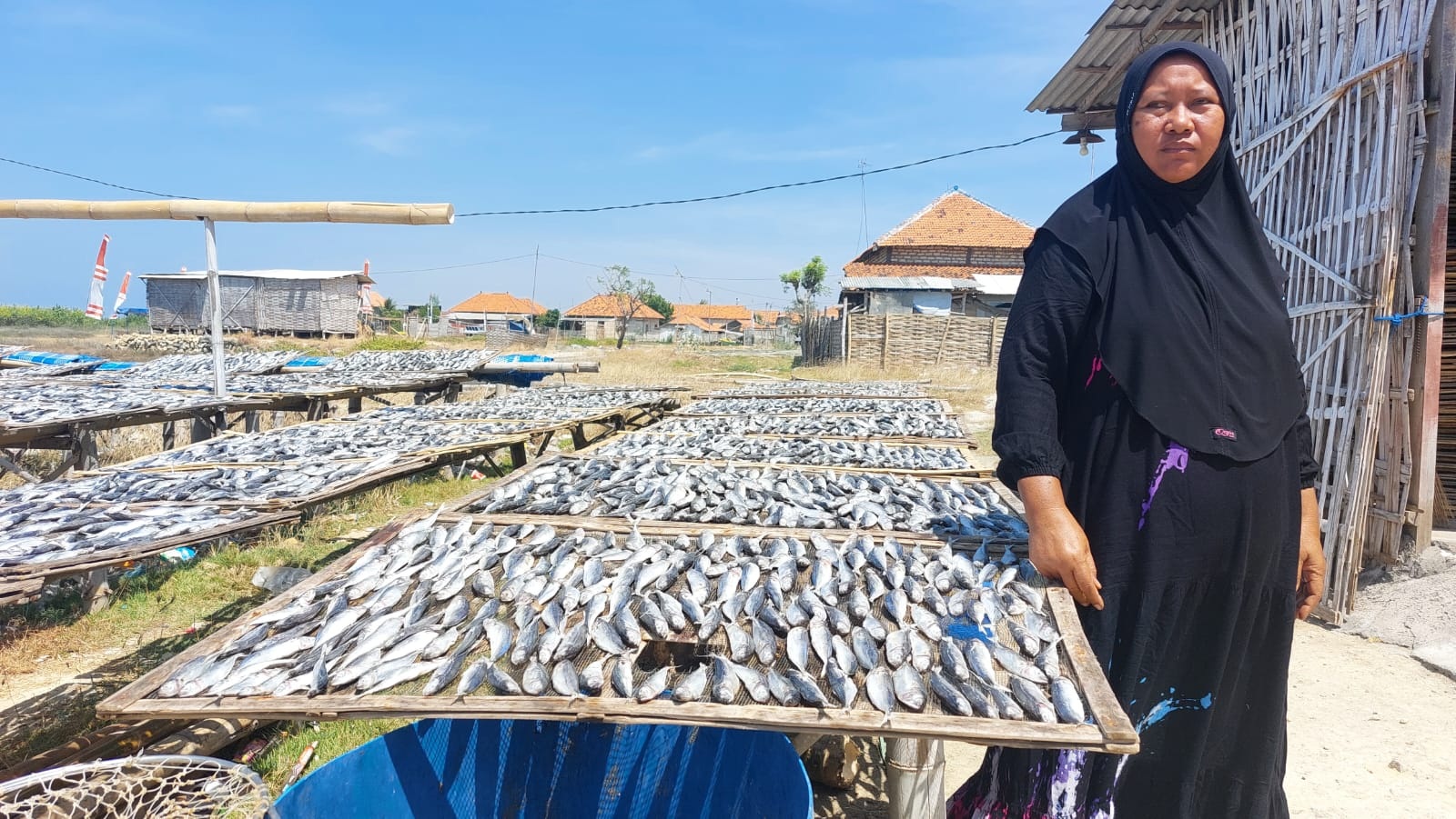 KERJA KERAS: Siti Hotimah menjemur ikan layang di Kelurahan Juklanteng, Kelurahan Banyuanyar, Kecamatan Kota Sampang, Senin (4/9). (JUNAIDI PONDIYANTO/JPRM)