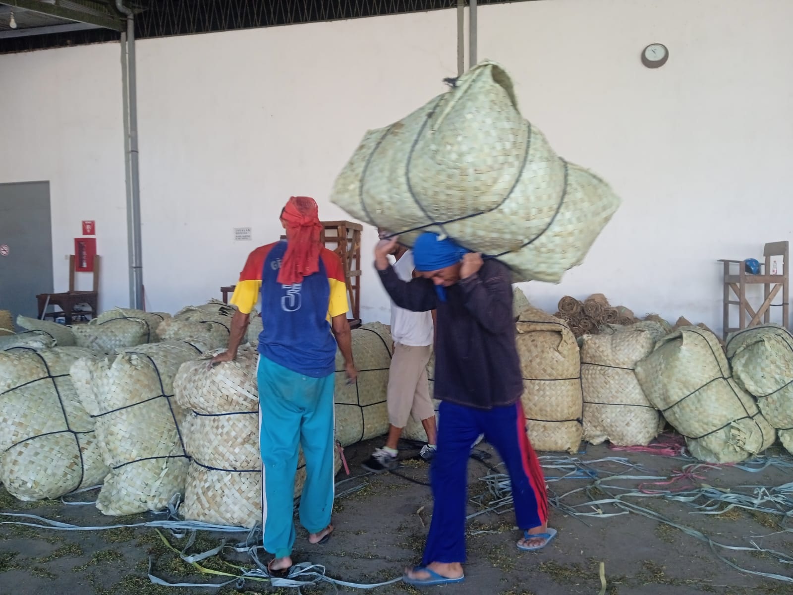 KERJA KERAS: Buruh pabrik mengangkut tembakau yang dibeli dari petani Selasa (31/10). (MOH. JUNAIDI/JPRM)