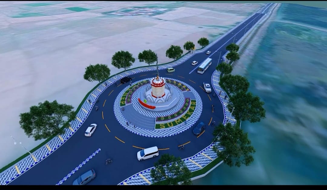 MEGAPROYEK: Rencana visual pembangunan jalan dan tugu keris di perbatasan Sumenep&ndash;Pamekasan, Desa Sendang, Kecamatan Pragaan. (DPUTR SUMENEP UNTUK JPRM)