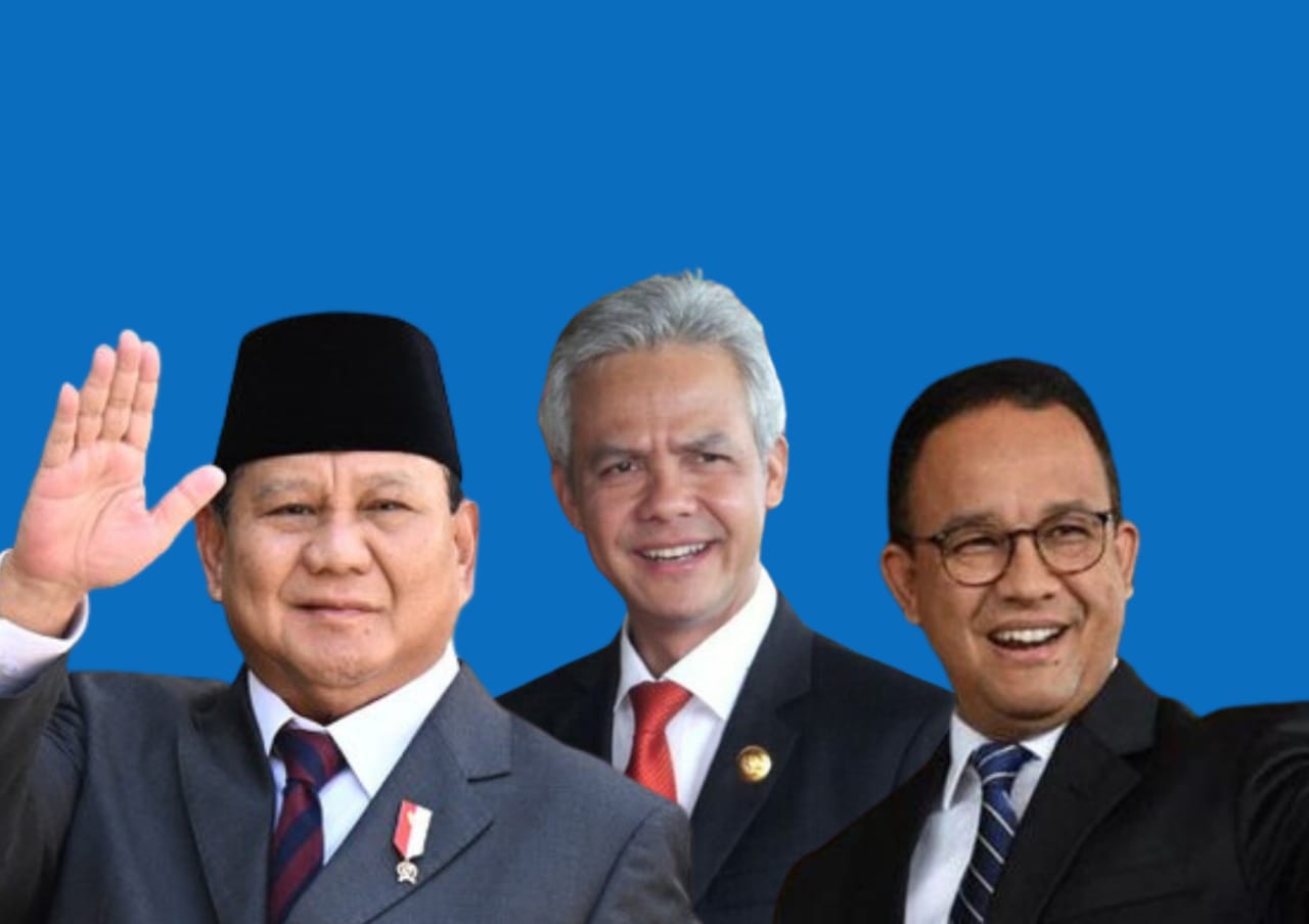 CALON PEMIMPIN: Hasil survei tingkat elektabilitas 3 calon presiden Indonesia 2024 (HASAN/RadarMadura.id)