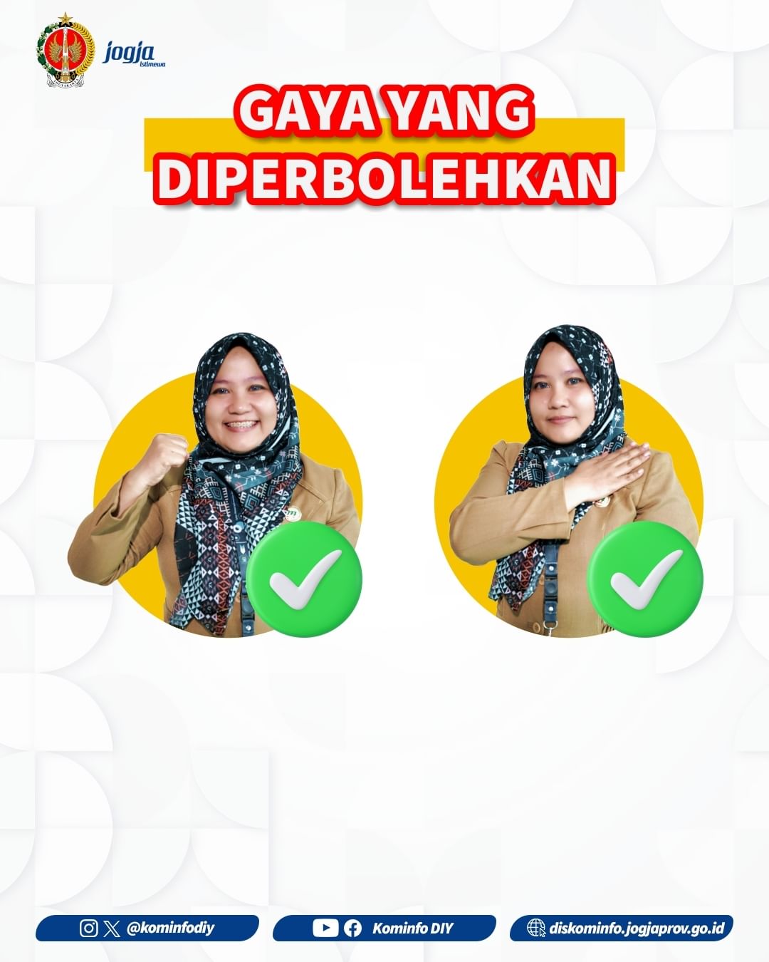 BOLEH: Dua pose ASN yang diperbolehkan oleh pemerintah selama penyelenggaraan pemilu 2024 (Sumber Foto: IG@KOMINFODIY)