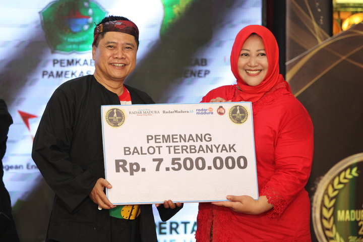 DIDUKUNG PENUH: Pinky Hidayati menerima penghargaan sebagai nomine dengan dukungan terbanyak dari Direktur PT Madura Intermedia Pers Abdul Aziz di Pendopo Agung Keraton Sumenep, Jumat, 8 Desember 2023