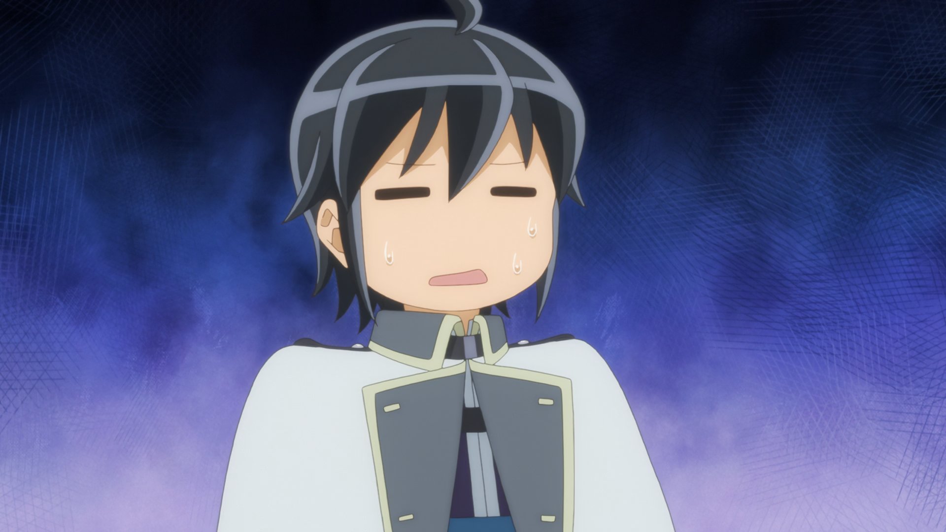 Ekspresi lucu Makoto, tokoh utama dalam  anime  Tsuki ga Michibiku Isekai Douchuu