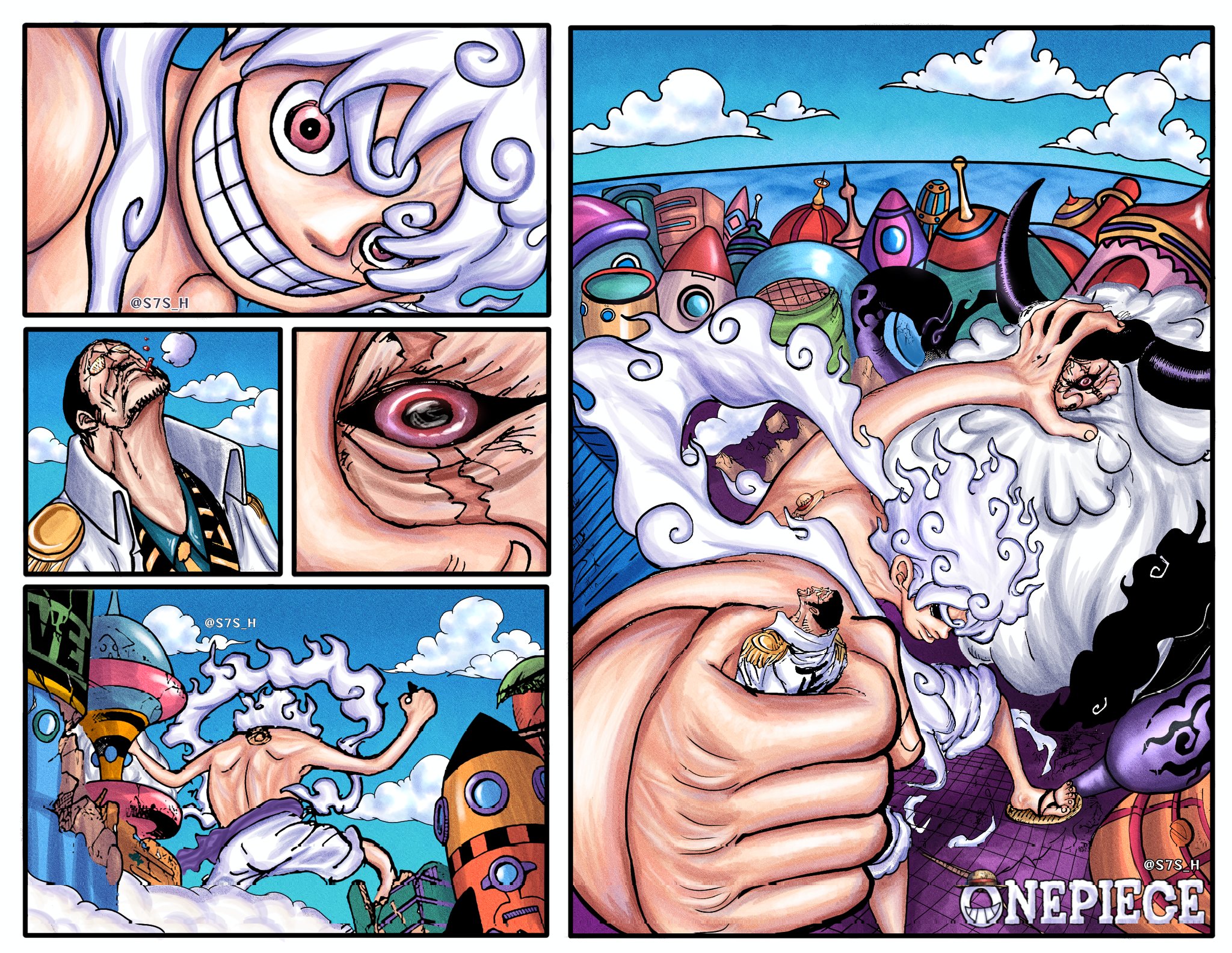 pertarungan sengit Luffy VS Kizaru dan Saturn.