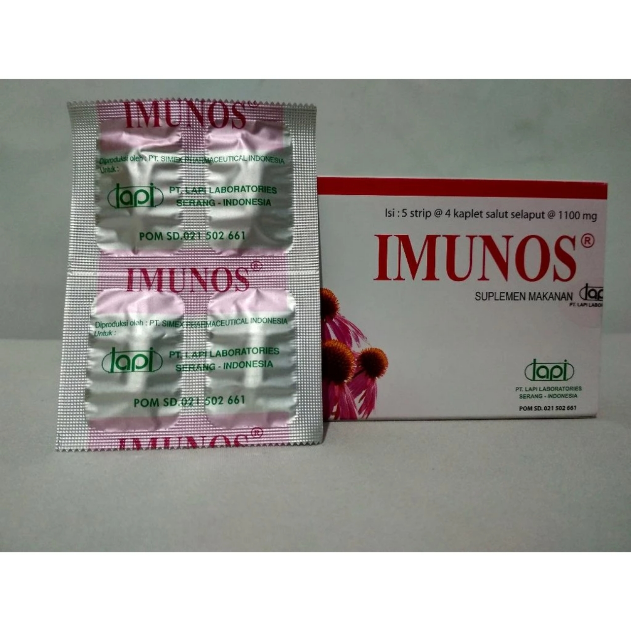 Suplemen kesehatan  Imunos Kaplet yang bermanfaat untuk daya tahan tubuh.