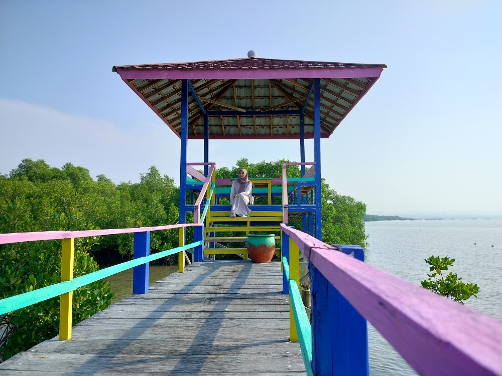 TEDUH: Alfin Lutfiana duduk gazebo Ekowisata Mangrove, Desa Lembung, Kecamatan Galis, Pamekasan, Minggu (7/4). (FOTO-FOTO LAILIYATUN NURIYAH/JPRM)