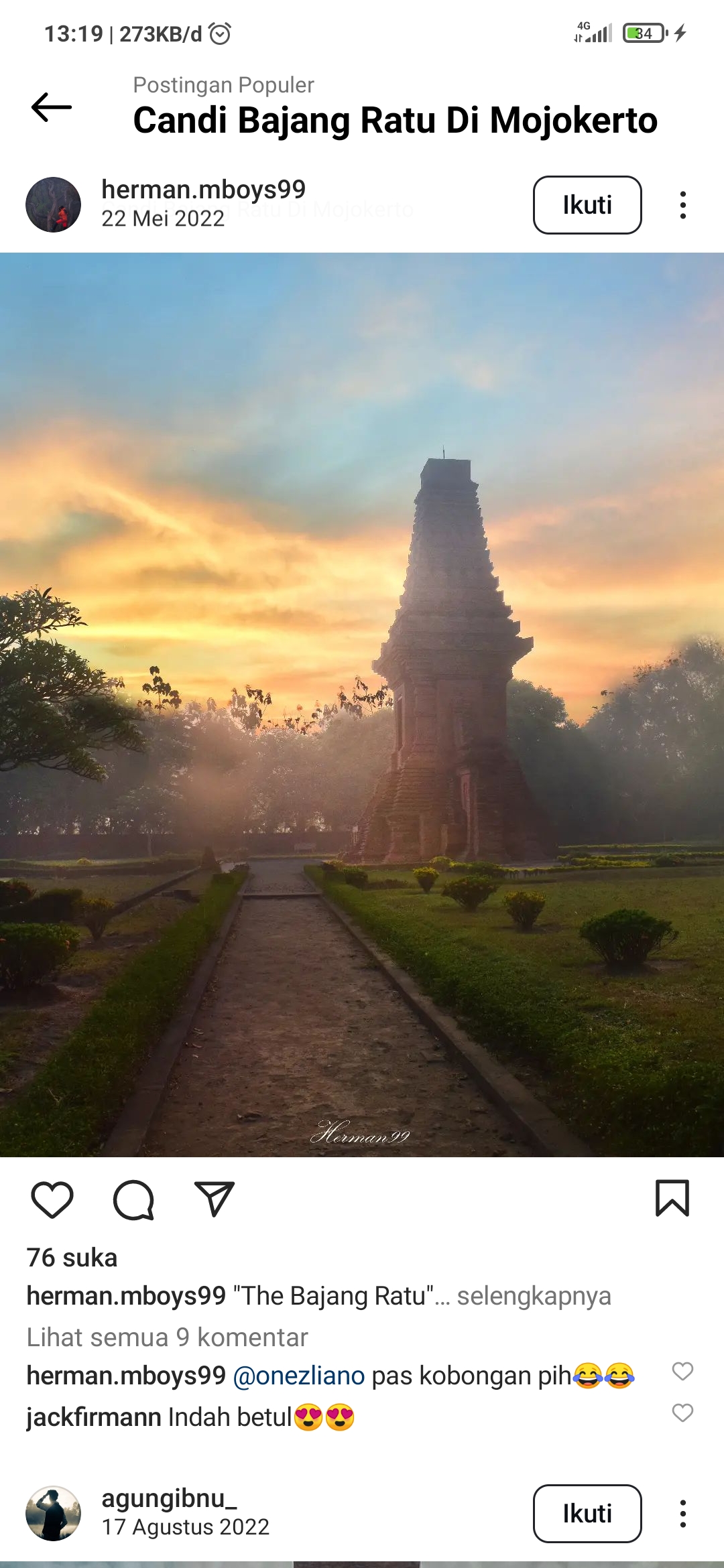 Nikmati keindahan alam dan sejarah di  Candi Bajang Ratu