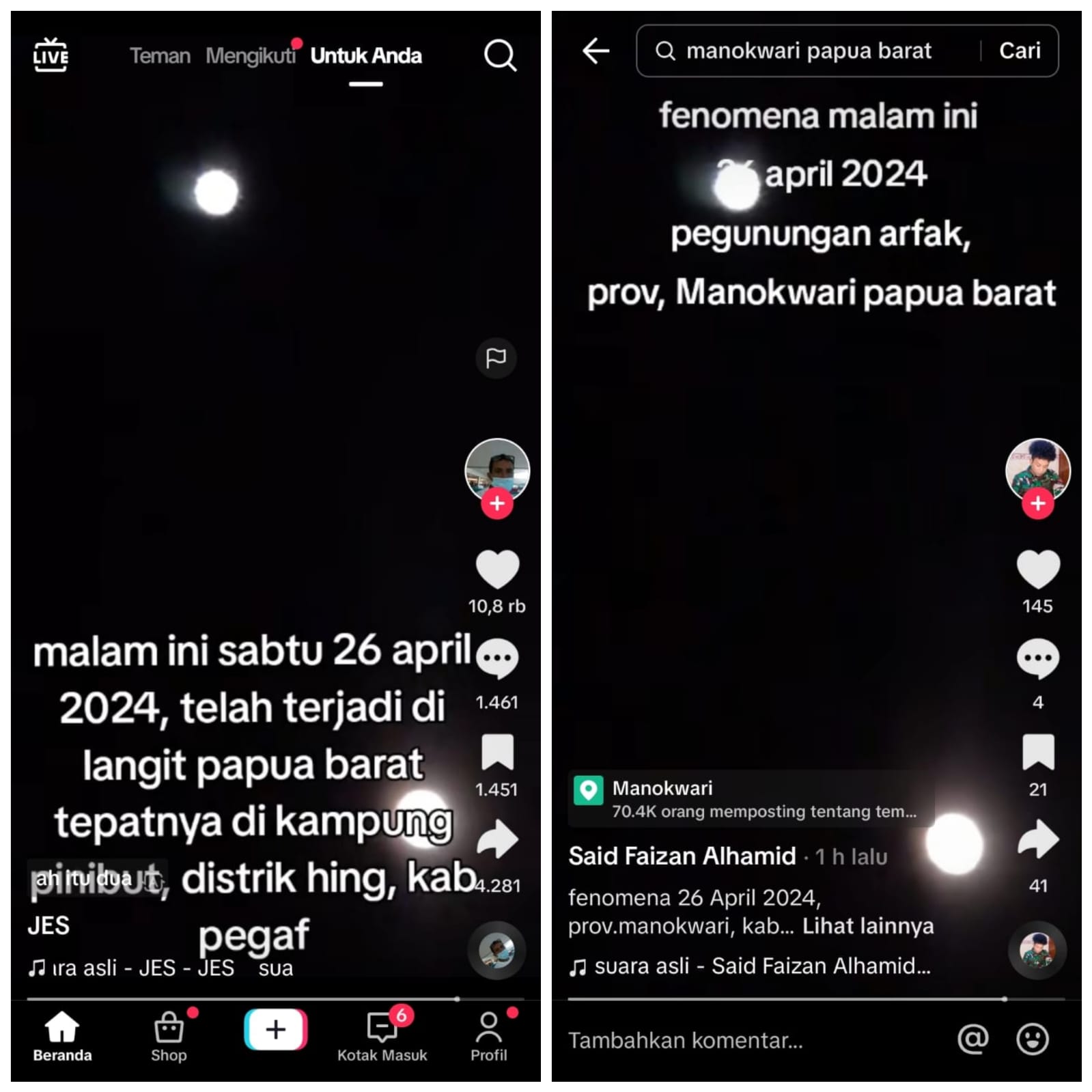 TIDAK BENAR: Screenshot video yang memperlihatkan dua bulan di langit Distrik Hingk, Papua.