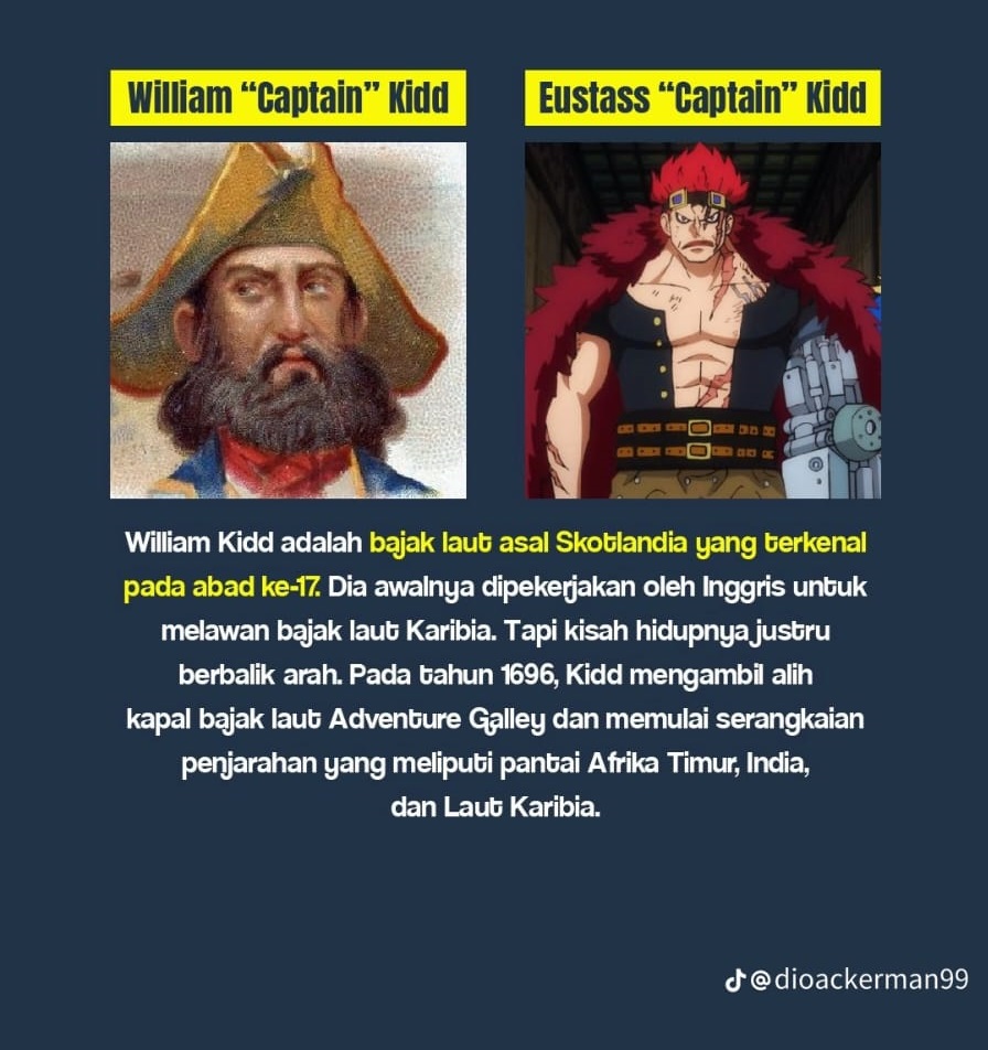 Eustass Kid, karakater bajak laut di anime one piece dan William Kidd, bajak Laut Skotladia