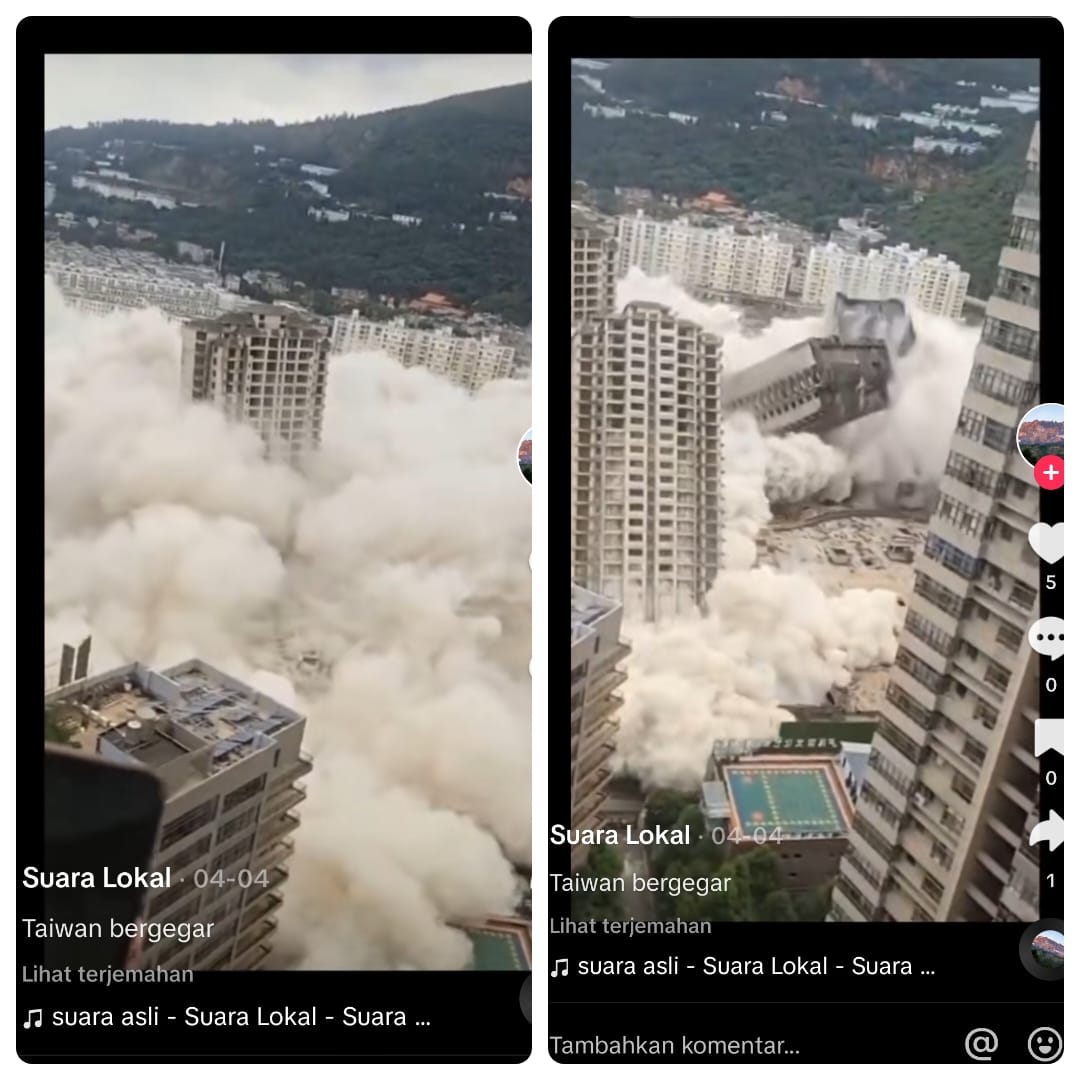 ROBOH: Potongan video pembongkaran gedung yang di klaim terjadi karena gempa di Taiwan.