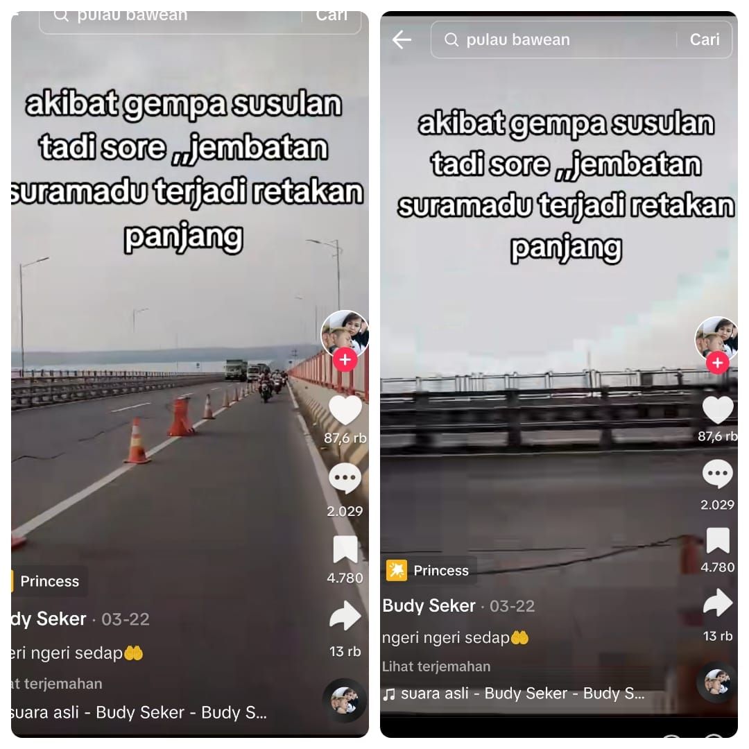 MENYESATKAN: Potongan gambar video yang menyebutkan jembatan Suramadu retak panjang akibat gempa.