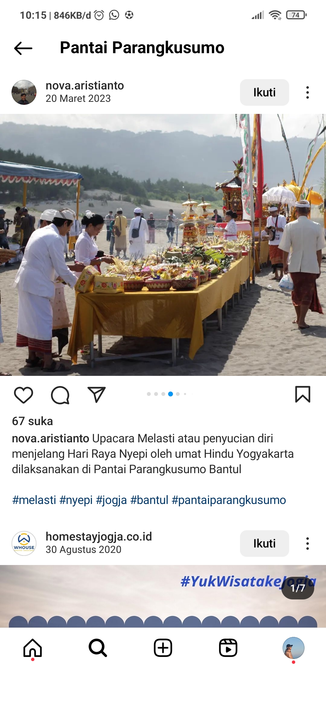 Upacara Melasti saat hari raya nyepi di Pantai Parangkusumo