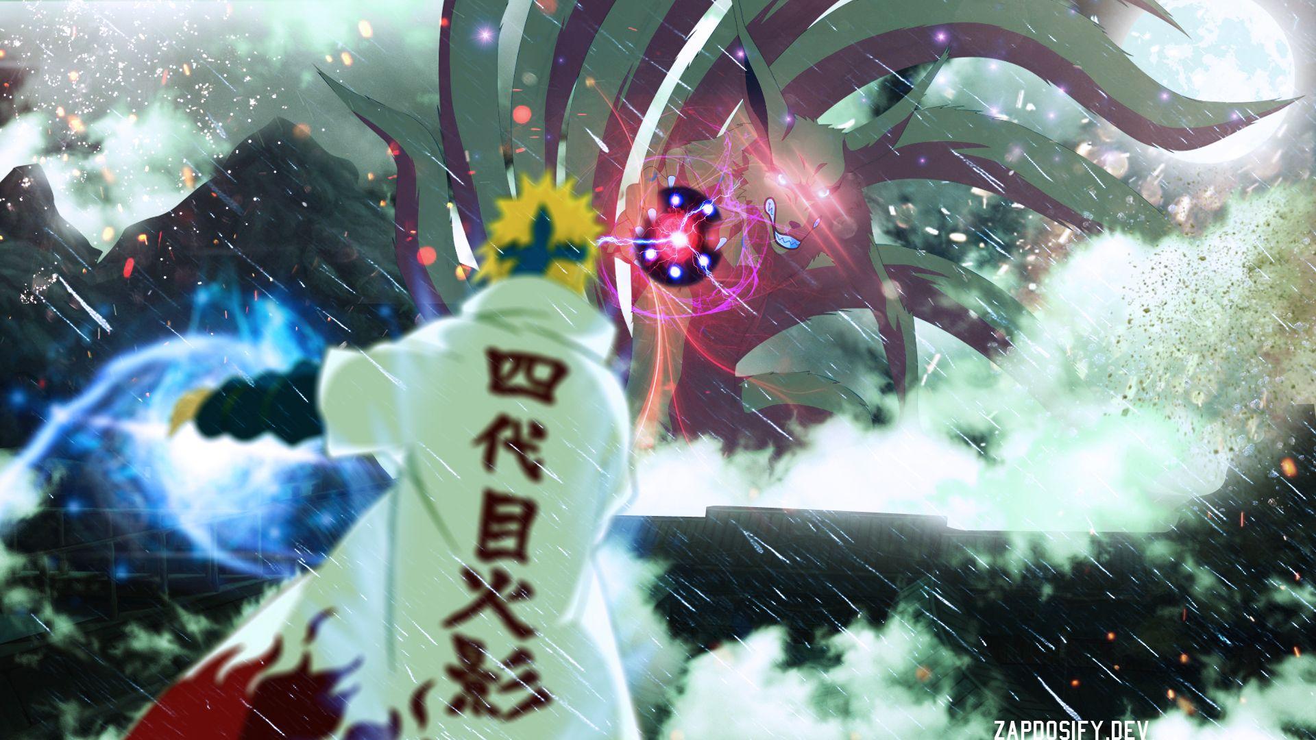 Minato sedang melawan Bijuu ekor sembilan menggunakan jutsu rasengan. (wallpapercave.com)