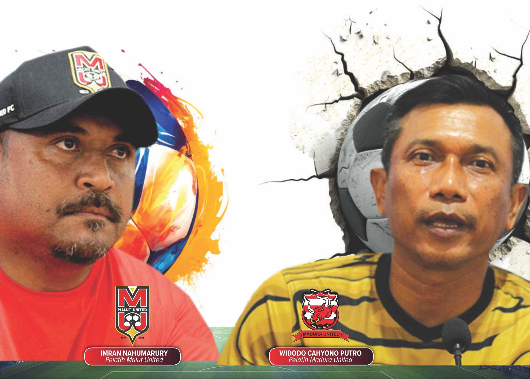 Pelatih Malut United Imran Nahumarury dan Pelatih Madura United Widodo Cahyono Putro bakal adu taktik dan strategi. (VIVIN AGUSTIN HARTONO/JPRM)