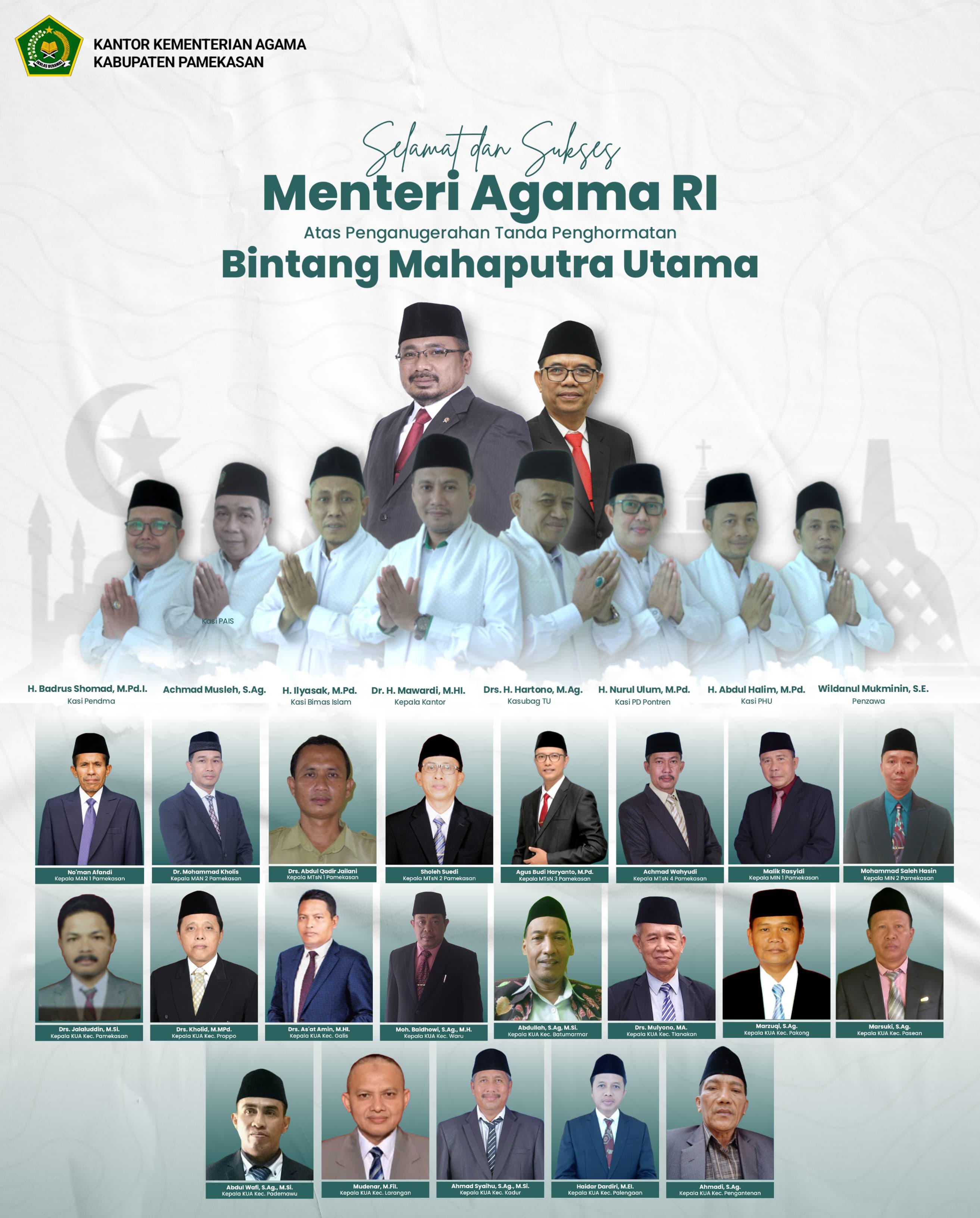 APRESIASI: Kantor Kemenag Pamekasan memberikan ucapan selamat kepada Menteri Agama yang telah mendapat gelar penghargaan Bintang Mahaputra Utama dari Presiden RI.