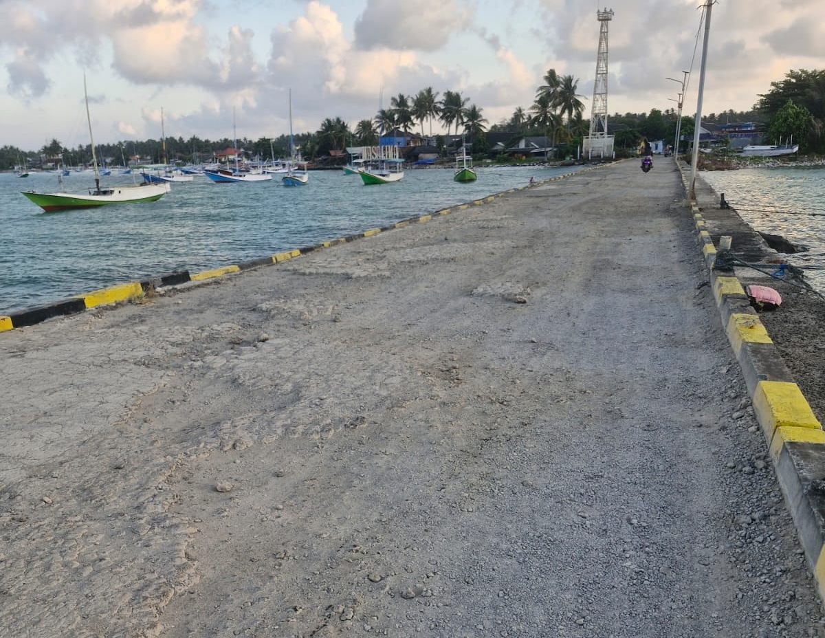 DIKELUHKAN: Kondisi jalan Pelabuhan Masalembu yang mulai retak dan mengelupas pada Senin (19/8).