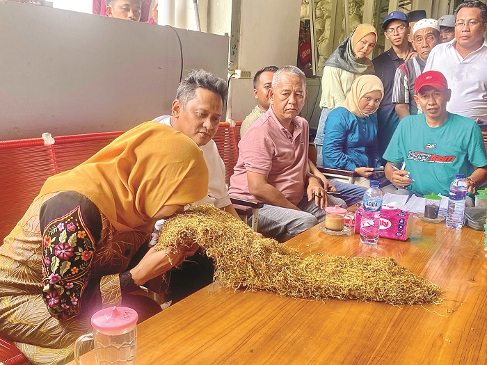BUTUH PAYUNG HUKUM: Khofifah Indar Parawansa mencium aroma tembakau saat berkunjung ke Gudang Bawang Mas Group Pamekasan Minggu (22/9). (MOH. IQBAL AFGANI/JPRM)