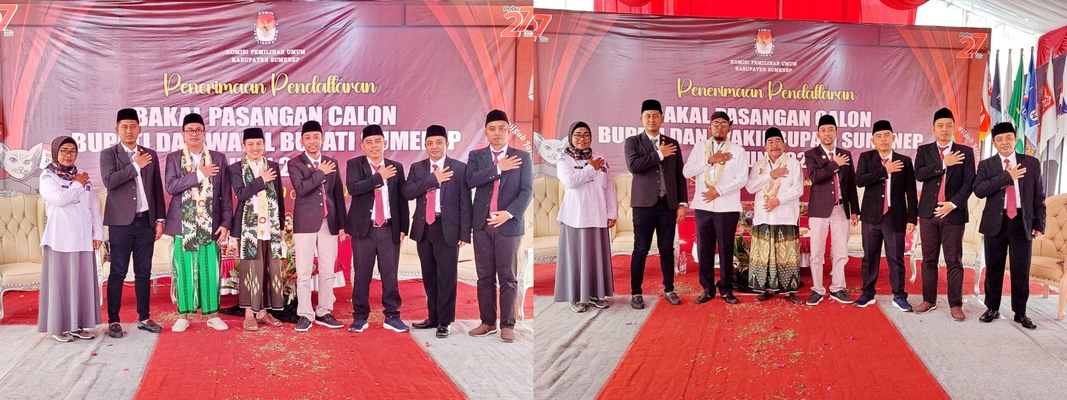 PILKADA: Komisioner KPU Sumenep berfoto bersama paslon bupati dan Wabup nomor urut 1. Foto kanan, Komisioner KPU Sumenep berfoto bersama paslon bupati dan Wabup nomor urut 2, Kamis (29/8).