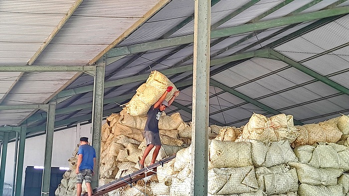 BERAT: Pekerja memanggul tembakau kering di Gudang CV Sanusi di Kelurahan Kowel, Kecamatan Kota Pamekasan, Kamis (24/10). (M. KHOLIL RAMLI/JPRM)