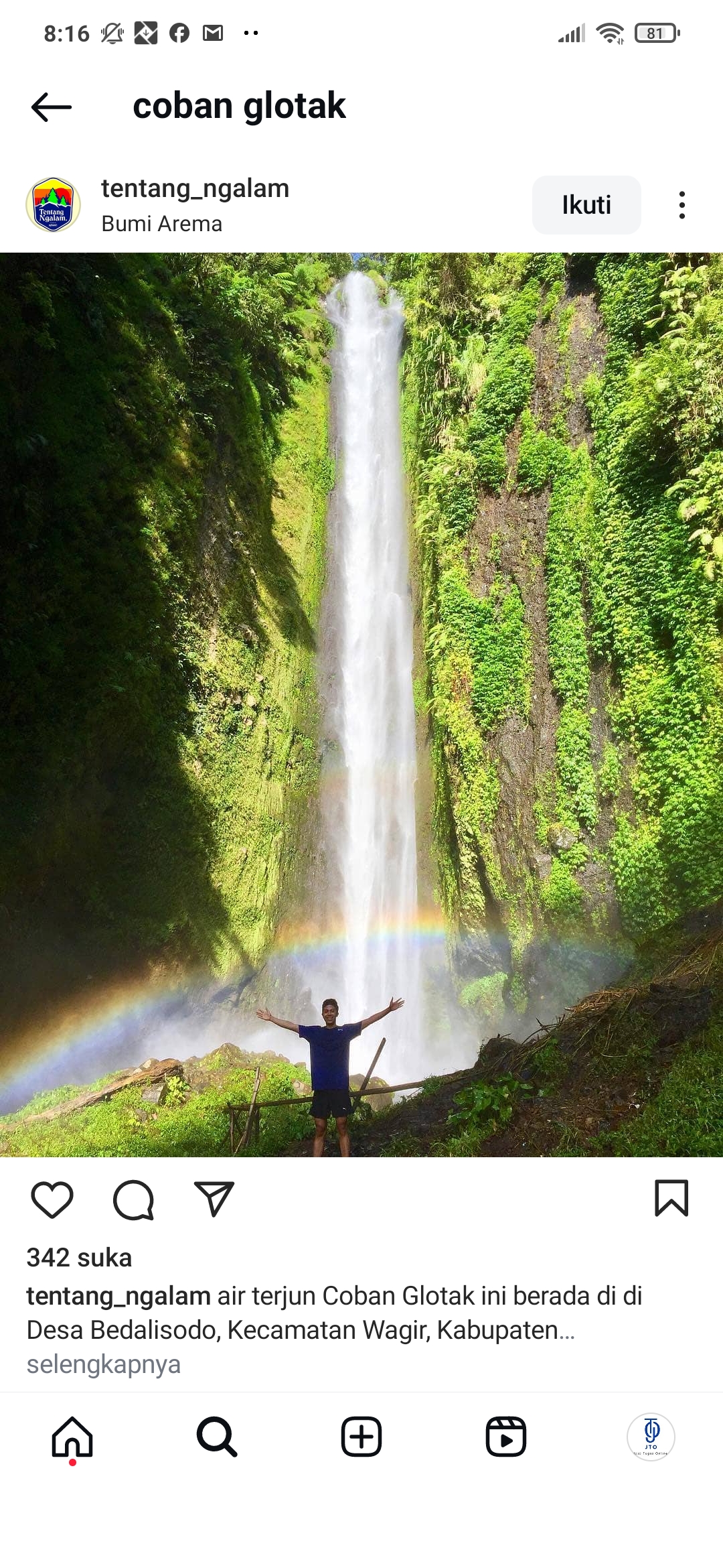 Air Terjun Coban Glotak yang mempunyai keindahan alam memukau