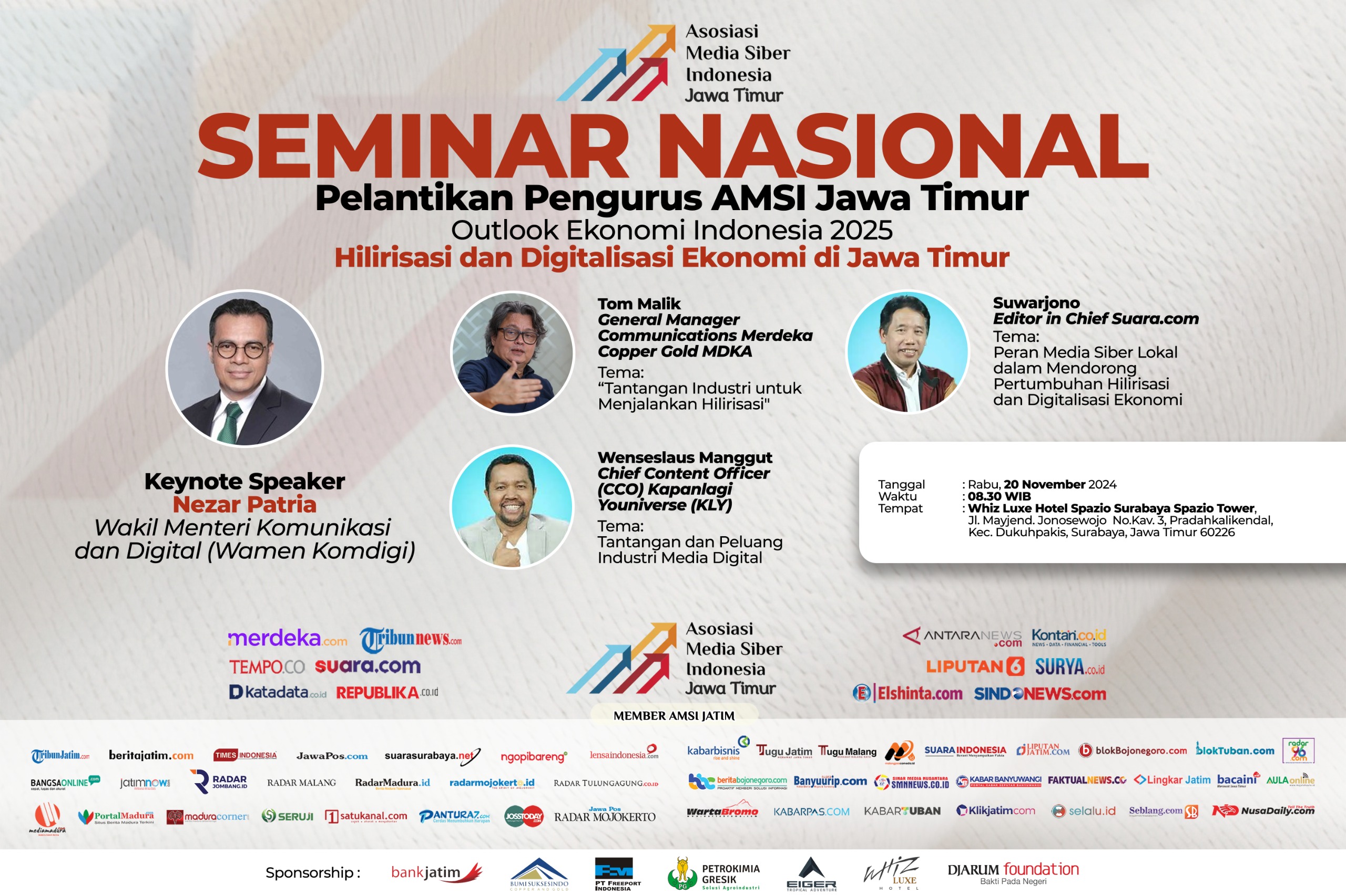 SEMINAR NASIOANAL: Wamen Komdigi RI bakal hadiri pelantikan pengurus AMSI Jatim dan seminar Hilirisasi dan Digitalisasi Ekonomi di Jawa Timur.
