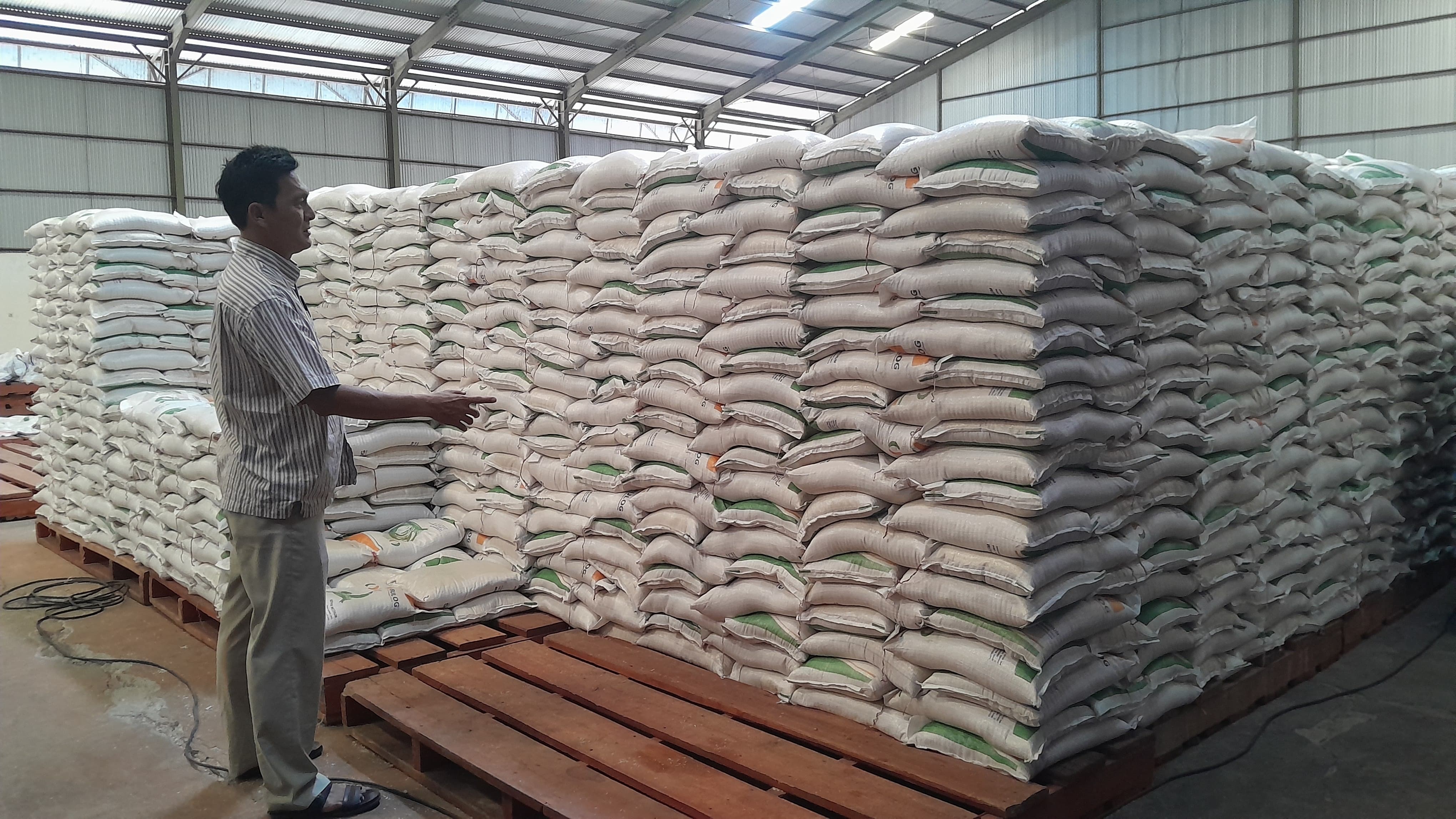 TERTATA RAPI: Pegawai Perum Bulog Cabang Madura mengecek beras di gudang penyimpanan yang berlokasi di Desa Larangan Tokol, Kecamatan Tlanakan, Rabu (25/9). (M. KHOLIL RAMLI/JPRM)