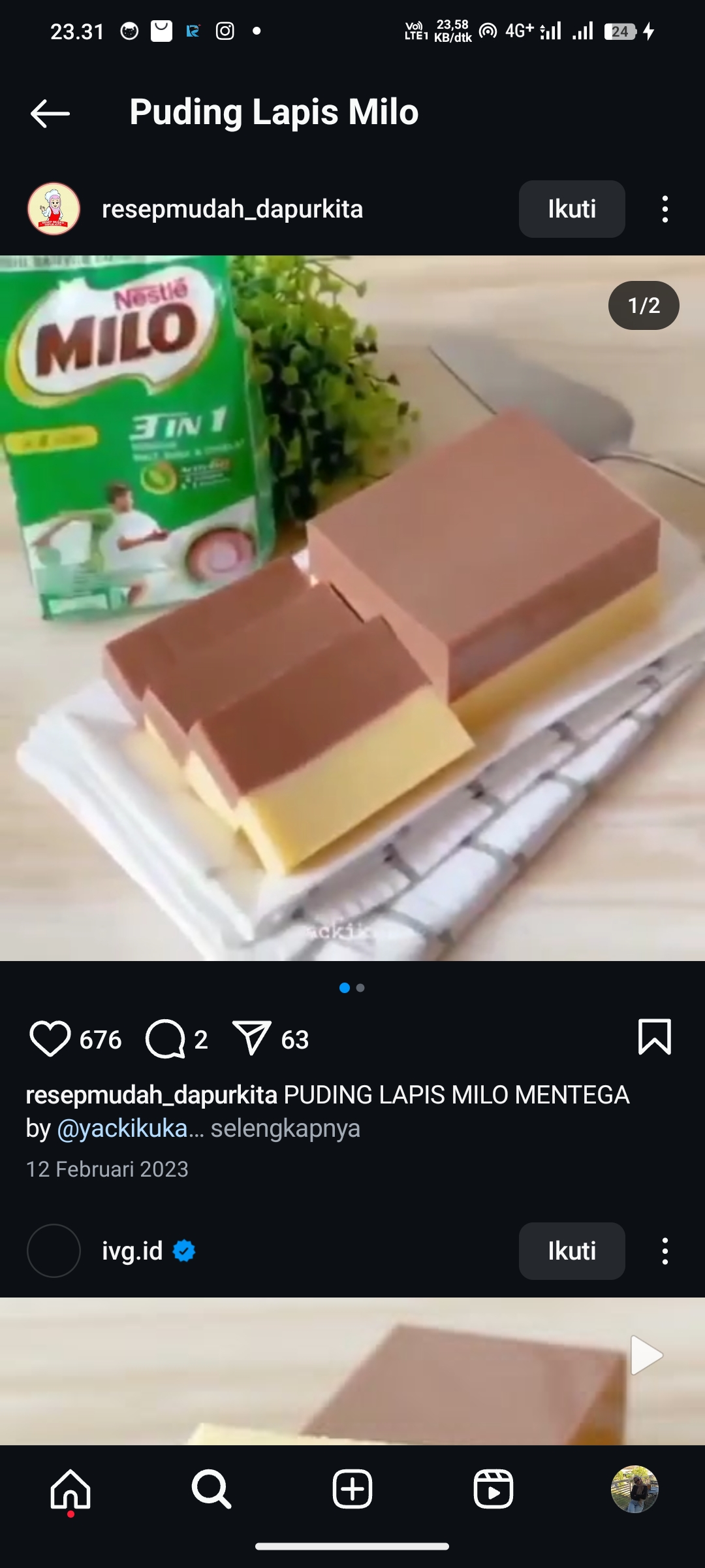 Puding Lapis Milo Susu
