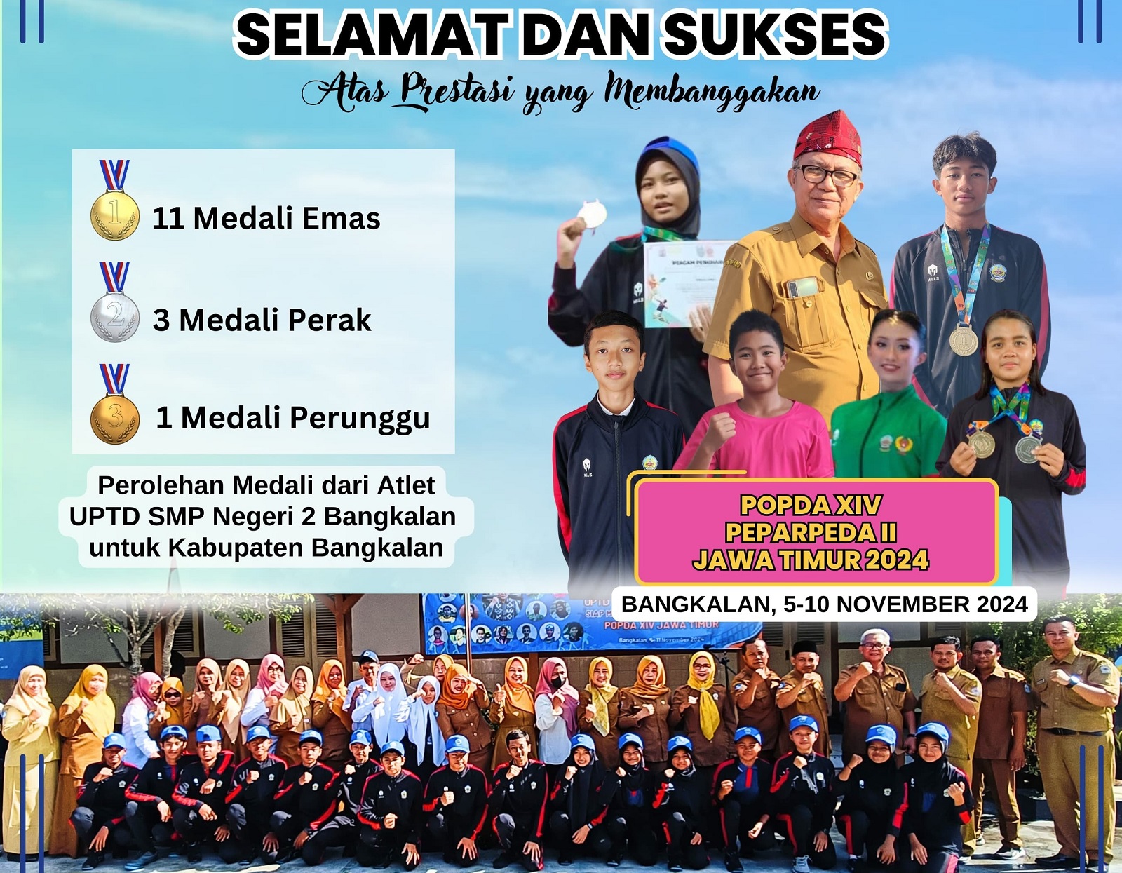 HARUMKAN DAERAH: Atlet Popda XIV dan peparpeda II dari SMPN 2 Bangkalan berfoto bersama. (SMPN 2 BANGKALAN UNTUK JPRM)