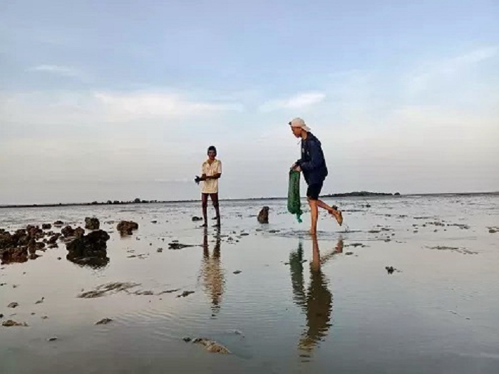 BERGANTUNG HIDUP: Warga&nbsp;mencari kepiting dan kerang di area Pantai Keris, Dusun Tapakerbau, Desa Gersik Putih, Kecamatan Gapura, Sumenep, Jumat (19/5/2023).