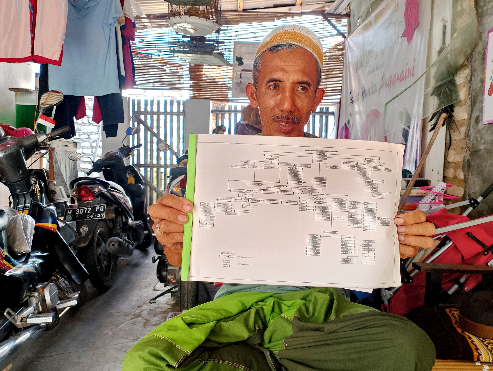 TERARSIP: Abdul Mufti menunjukkan silsilah Kerajaan Madegan di rumahnya di Kelurahan Polagan, Sampang, Jumat (28/3). (UBAIDILLAHIR RA&rsquo;IE/JPRM)
