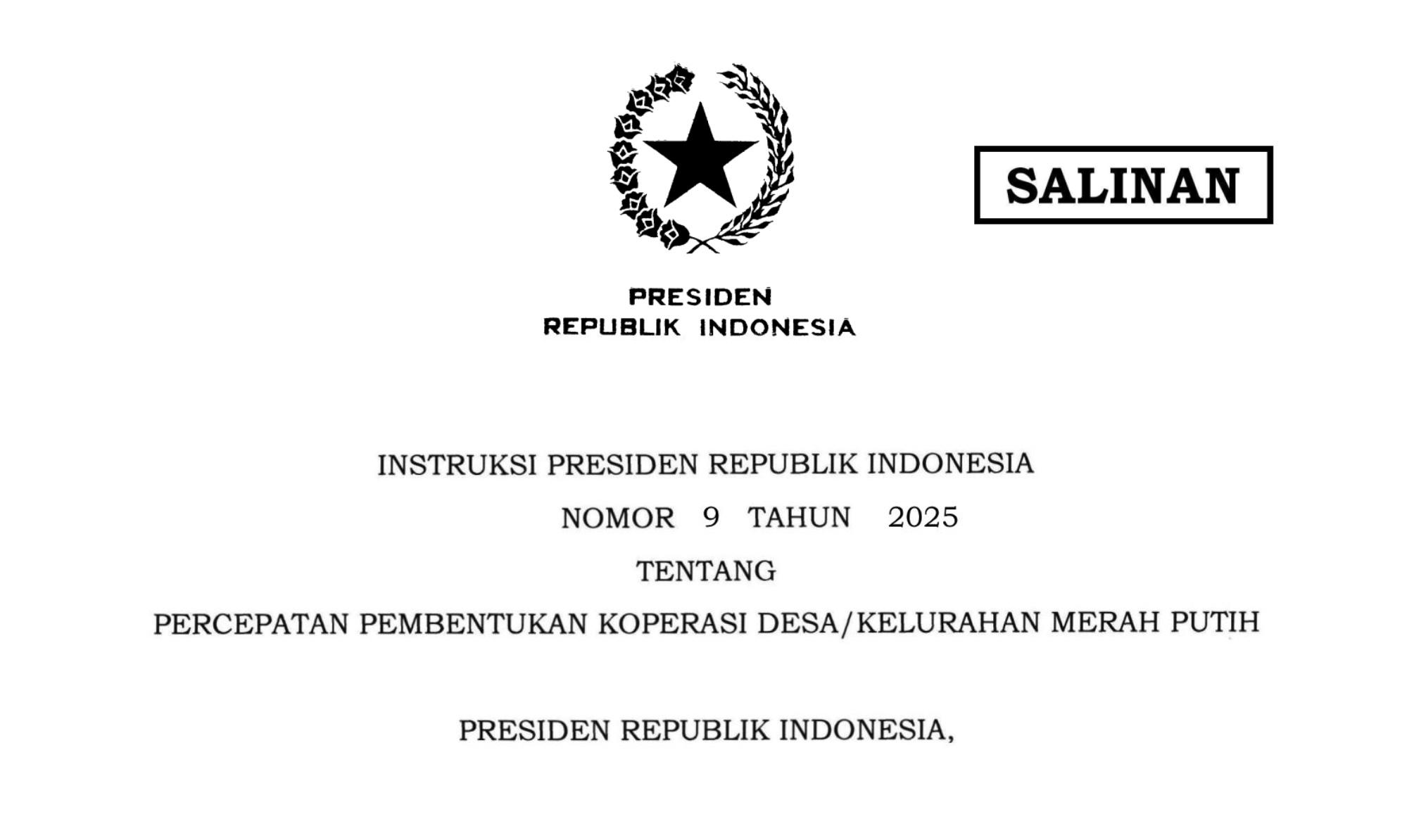Diskop UKM Perindag Sumenep menerima salinan Inpres 9/2025 tentang program percepatan pembentukan Koperasi Desa/Kelurahan Merah Putih. (Ilustrasi: Sekretariat Negara)
