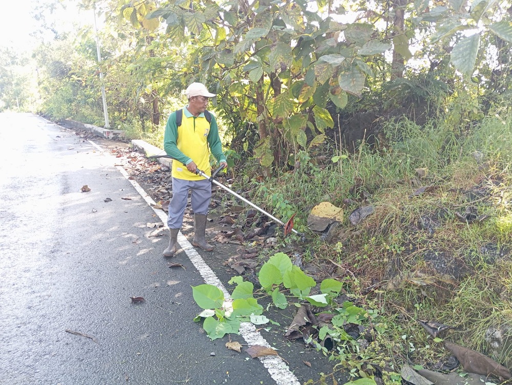 PEMELIHARAAN: Tim Satgas DPUTR Sumenep melakukan pembersihan semak belukar di akses jalan lingkar utara, Jumat (13/6).