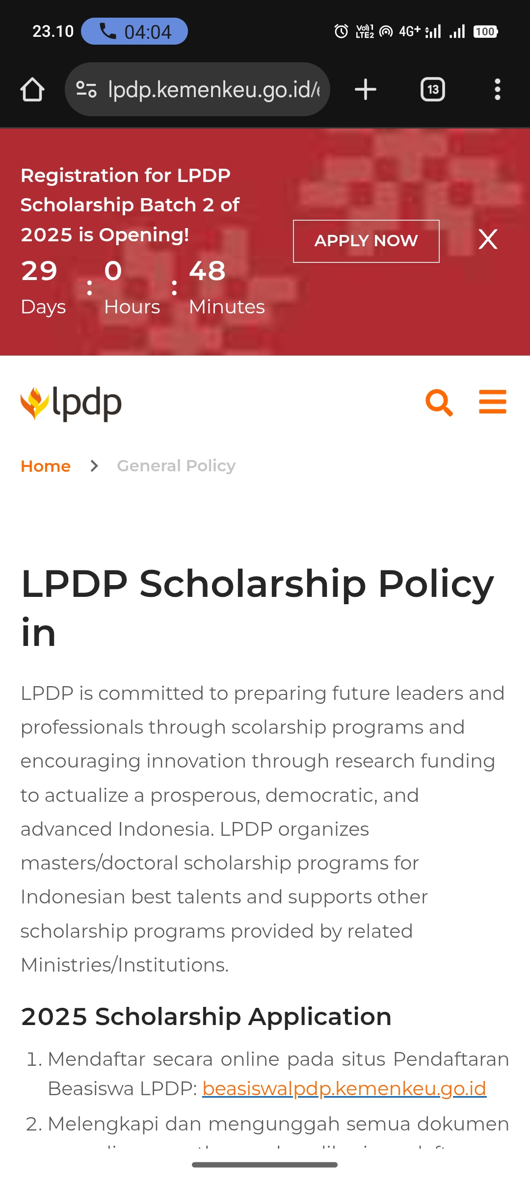 Beasiswa LPDP tahap 2 tahun 2025 sudah resmi dibuka