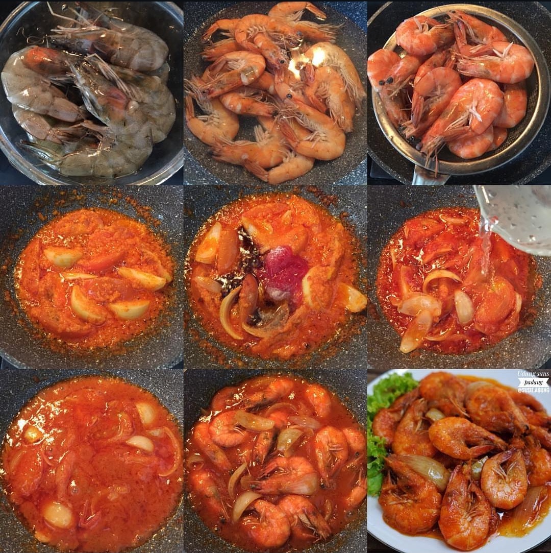 Proses memasak Udang saus padang
