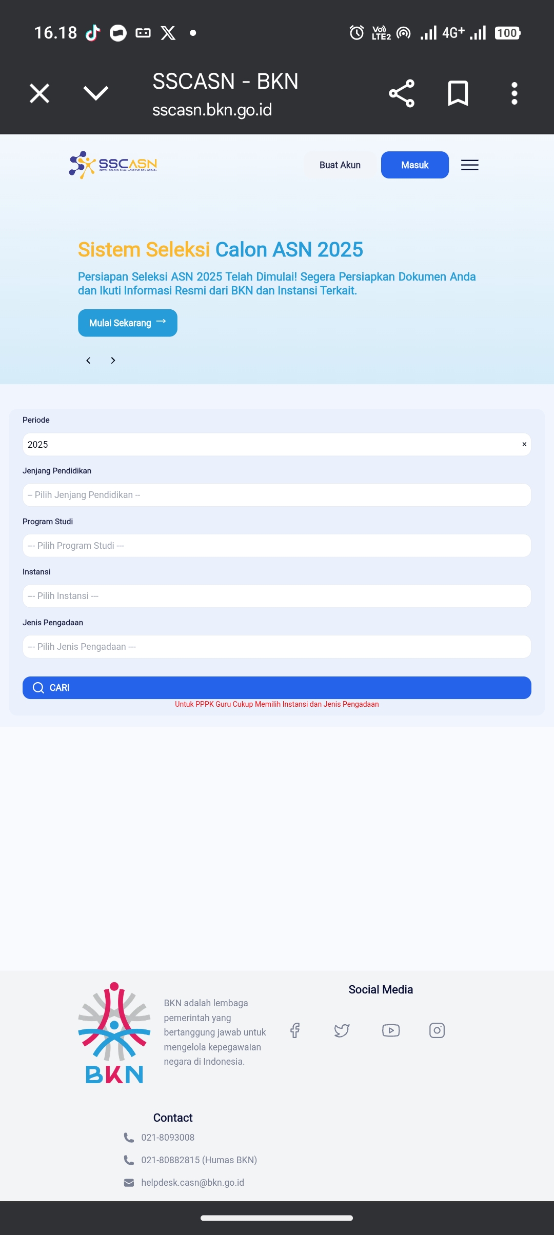 Tampilan Awal website SSCASN yang berisikan informasi persiapan pendaftaran