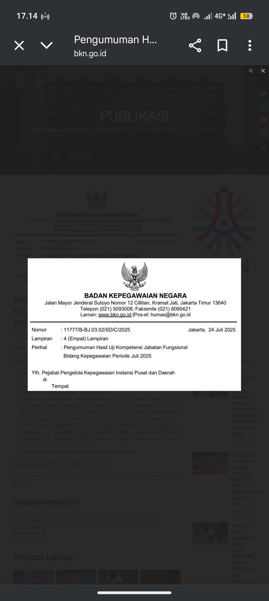 Surat edaran pengumuman hasil uji kompetensi jabatan fungsional bidang kepegawaian