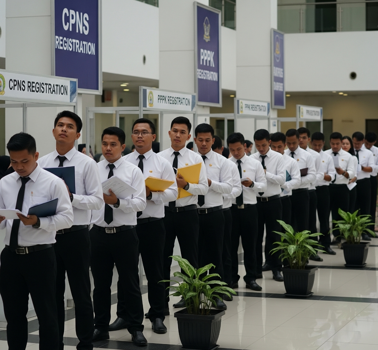 Para peserta Seleksi CPNS dan PPPK 2025 sedang mengantri untuk menyetorkan berkas pendaftaran.